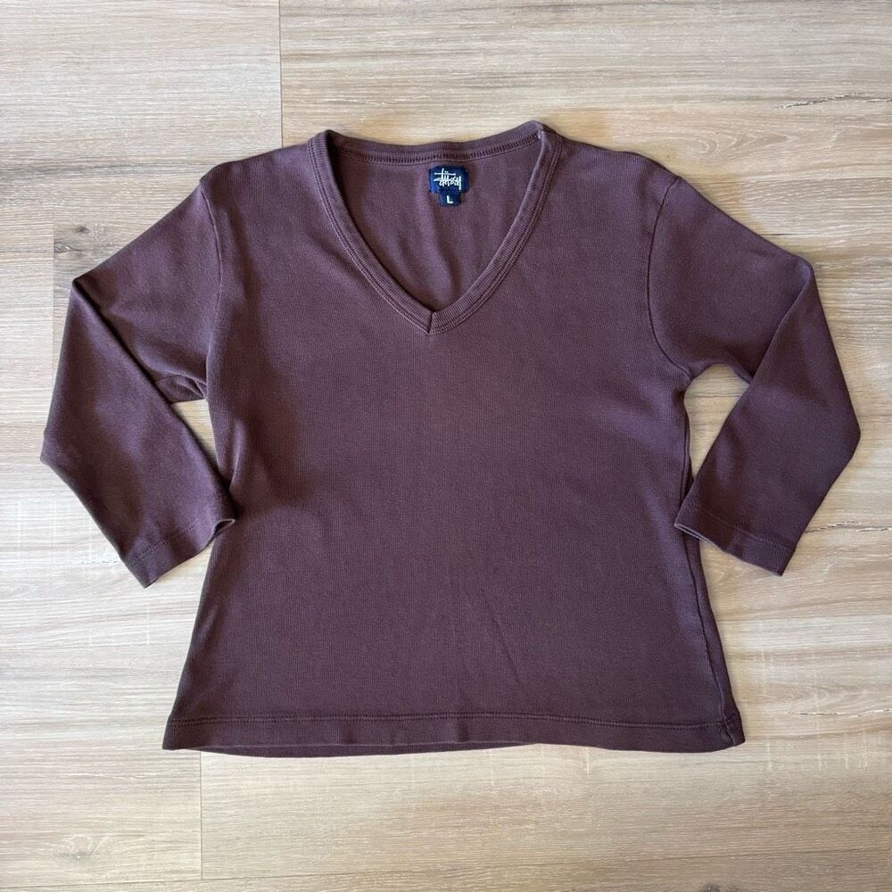 Y2K Stussy Size L V-Neck Pullover Shirt Solid Brown Skater Grunge Streetwear